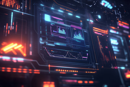 Futuristic floating holographic data panels displaying glowing charts, cyber UI elements, and high-tech digital grids. The sci-fi-inspired abstract background includes neon reflections, AI-driven elements, and interconnected light patterns, representing an advanced cybernetic interface with ultra-HD details.の素材