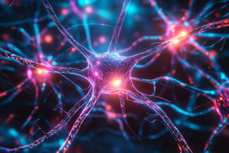An advanced digital interface, displaying glowing AI-driven neural connections, cybernetic energy waves, and holographic data structures. The futuristic abstract background symbolizes deep learning, artificial intelligence, and quantum computing, with neon reflections, intricate sci-fi-inspired details, and an immersive ultra-HD aesthetic.の素材