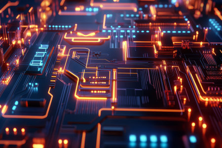 Futuristic 3D circuit board with neon-lit pathways, glowing quantum computing nodes, ultra-detailed reflections, cyber technology inspiration, high-resolution digital art.の素材