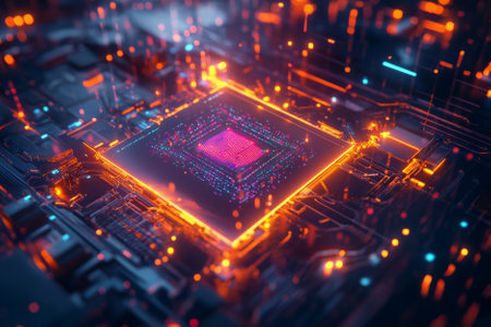 A futuristic quantum processor chip, surrounded by swirling cybernetic energy, glowing holographic AI-driven circuits, and digital machine learning pathways. The high-tech abstract background represents artificial intelligence, deep computing, and blockchain innovation, enhanced with ultra-HD sci-fi aesthetics and neon lighting.の素材