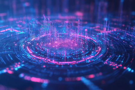 A mesmerizing futuristic representation of big data processing, featuring glowing AI-driven digital charts, pulsating cybernetic analytics grids, and swirling holographic deep learning pathways. The high-tech abstract background symbolizes artificial intelligence, blockchain transactions, and quantum computing, enhanced with ultra-HD sci-fi aesthetics.の素材