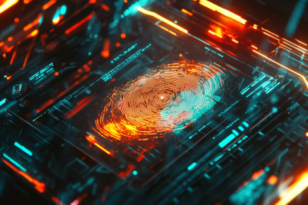 A glowing futuristic fingerprint scanner, featuring intricate cybernetic circuits, holographic security symbols, and pulsating digital energy waves. The high-tech abstract background represents biometric authentication, AI-driven identity verification, and blockchain security, enhanced with neon reflections and an ultra-HD sci-fi aesthetic.の素材