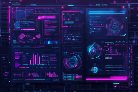High-tech abstract background with floating transparent interface panels, holographic displays, glowing elements, and futuristic UI/UX data grids. Sci-fi technology theme, neon blue, and magenta lights, ultra-detailed, modern design.の素材