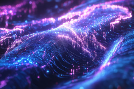 A futuristic neural network visualization, showcasing glowing digital synapses connected by electric-blue energy lines. The cyber-inspired abstract background represents AI intelligence, machine learning, and futuristic innovation with sci-fi elements and holographic reflections in an ultra-detailed rendering.の素材
