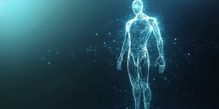 A futuristic AI-driven exoskeleton system, displaying glowing cybernetic biomechanical augmentation pathways, pulsating holographic human-machine interface nodes, and swirling quantum-enhanced digital performance optimization networks. The high-tech abstract background represents artificial intelligence, robotics, and human augmentation, enhanced with ultra-HD sci-fi lighting.の素材