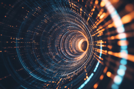 Futuristic abstract rendering of a time-space digital warp, glowing circuits forming an endless tunnel, cybernetic AI-driven aesthetics, ultra-HD, sci-fi concept.の素材