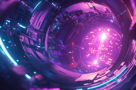 A futuristic abstract visualization of deep-space communication networks, featuring glowing interconnected data nodes, swirling quantum energy trails, and AI-powered digital signals. The high-tech cybernetic background represents AI-driven connectivity, enhanced with neon holographic reflections and ultra-HD sci-fi aesthetics.の素材