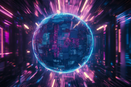 A floating holographic data sphere, composed of interconnected cybernetic nodes, pulsating neon energy waves, and AI-generated digital structures. The futuristic abstract background symbolizes artificial intelligence, blockchain security, and machine learning, enhanced with deep blue and purple sci-fi lighting. Ultra-HD, highly detailed.の素材