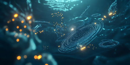 A mesmerizing futuristic AI-driven autonomous underwater habitat, displaying glowing cybernetic self-sustaining oceanic ecosystem pathways, pulsating holographic real-time marine life support grids, and swirling quantum-enhanced deep-sea living adaptation nodes. The high-tech abstract background symbolizes artificial intelligence, marine technology, and human expansion, enhanced with ultra-HD sci-fi aesthetics.の素材