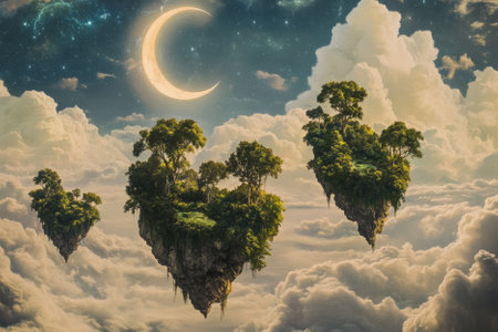 Illustration of a celestial dreamscape where floating islands covered in lush greenery drift through a sky filled with swirling nebulae. A giant, glowing crescent moon hovers in the distance, illuminating the clouds with a soft, ethereal light.の素材