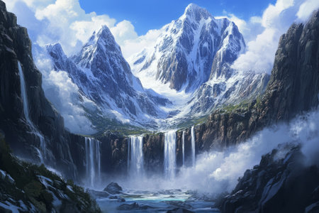 Illustration of towering mountains covered in glistening snow, with cascading waterfalls that disappear into crystal-clear lakes below. The peaks rise majestically into the clouds, creating a serene and breathtaking landscape that feels both ancient and timeless.の素材