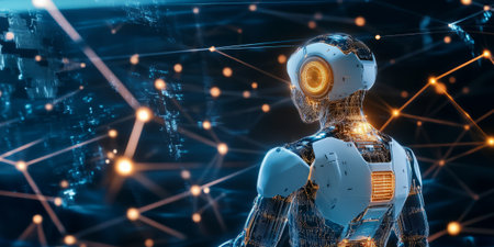 A futuristic AI-driven exoskeleton system, displaying glowing cybernetic biomechanical augmentation pathways, pulsating holographic human-machine interface nodes, and swirling quantum-enhanced digital performance optimization networks. The high-tech abstract background represents artificial intelligence, robotics, and human augmentation, enhanced with ultra-HD sci-fi lighting.の素材