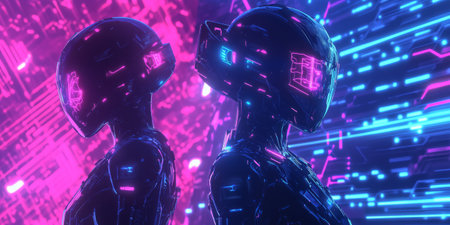 A futuristic AI-powered decentralized computing network, featuring glowing cybernetic real-time distributed processing pathways, pulsating holographic secure blockchain nodes, and swirling quantum-enhanced peer-to-peer data exchange grids. The high-tech abstract background represents artificial intelligence, cloud computing, and cybersecurity, enhanced with neon aesthetics.の素材