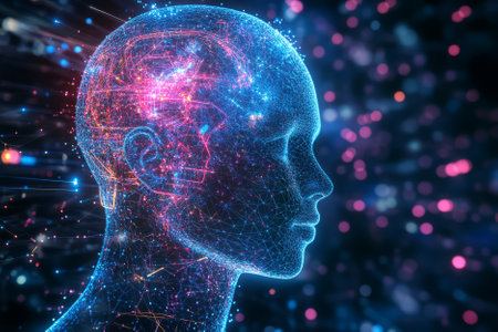 A glowing futuristic AI-driven digital twin, composed of swirling cybernetic energy trails, pulsating holographic data pathways, and intricate neural networks. The high-tech abstract background represents artificial intelligence, deep learning, and quantum computing, enhanced with ultra-HD sci-fi aesthetics and neon lighting.の素材