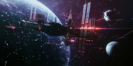 A futuristic AI-powered space exploration network, featuring glowing cybernetic satellite communication pathways, pulsating holographic deep-space data streams, and swirling quantum-enhanced transmission grids. The high-tech abstract background symbolizes artificial intelligence, astrophysics, and interstellar networking, enhanced with ultra-HD sci-fi aesthetics.の素材