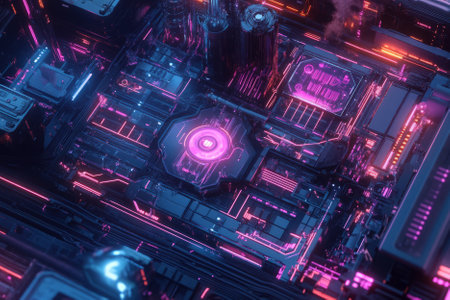 A futuristic smart grid, featuring interconnected glowing AI-driven data pathways, cybernetic energy nodes, and pulsating holographic neural connections. The high-tech abstract background symbolizes artificial intelligence, blockchain transactions, and deep machine learning, enhanced with ultra-HD sci-fi lighting and neon aesthetics.の素材