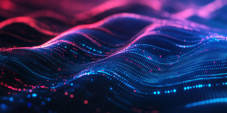 A futuristic abstract background with cascading layers of radiant neon digital mesh, dynamically shifting in an infinite cybernetic network. The interplay of light and seamless motion creates a sleek, modern high-tech ambiance.の素材