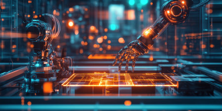 A futuristic AI-driven advanced robotics lab, featuring glowing cybernetic humanoid prototypes, pulsating holographic neural interface grids, and swirling digital automation pathways. The high-tech abstract background symbolizes artificial intelligence, humanoid development, and deep learning, enhanced with ultra-HD sci-fi aesthetics.の素材