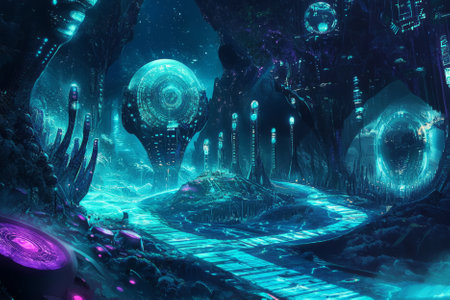 Abstract AI-generated futuristic landscape with glowing data towers, cybernetic pathways, and holographic interface elements. The high-tech digital world is illuminated by neon reflections, deep blue and cyan energy fields, and complex sci-fi-inspired details, creating an immersive cyber atmosphere.の素材