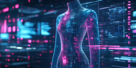 A futuristic AI-driven digital fashion design lab, displaying glowing cybernetic generative clothing pathways, pulsating holographic real-time fabric simulation grids, and swirling quantum-enhanced sustainable production networks. The high-tech abstract background represents artificial intelligence, fashion technology, and digital innovation, enhanced with ultra-HD sci-fi reflections.の素材
