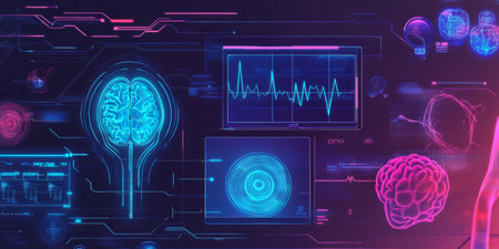 A futuristic AI-powered personalized health monitoring device, featuring glowing cybernetic biometric data tracking pathways, pulsating holographic real-time wellness optimization grids, and swirling quantum-enhanced predictive disease prevention nodes. The high-tech abstract background represents artificial intelligence, healthcare, and bioinformatics, enhanced with neon aesthetics.の素材