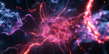 A futuristic AI-powered neural network, composed of glowing cybernetic energy trails, swirling holographic data clusters, and pulsating digital machine learning pathways. The high-tech abstract background represents artificial intelligence, blockchain security, and quantum computing, enhanced with ultra-HD sci-fi aesthetics and neon reflections.の素材