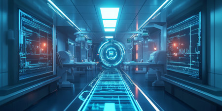 A futuristic AI-powered fully automated smart hospital, featuring glowing cybernetic real-time patient monitoring pathways, pulsating holographic robotic-assisted surgery grids, and swirling quantum-enhanced personalized treatment planning nodes. The high-tech abstract background represents artificial intelligence, healthcare automation, and digital medicine, enhanced with neon aesthetics.の素材