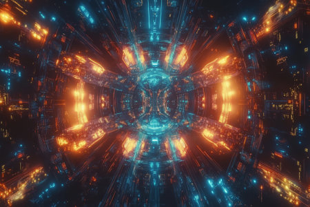 A stunning abstract rendering of quantum energy waves, forming a glowing digital fractal. The futuristic high-tech background showcases luminous cybernetic nodes, pulsating neural connections, and AI-powered holographic data streams, creating an immersive sci-fi-inspired cybernetic landscape. Ultra-HD, hyper-detailed.の素材