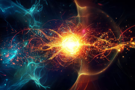 A mesmerizing quantum data explosion, featuring glowing cybernetic light fragments, futuristic neural network patterns, and pulsating AI-driven holographic waves. The high-tech abstract background showcases neon reflections, advanced digital grids, and a sci-fi-inspired luminous aesthetic in ultra-HD detail.の素材