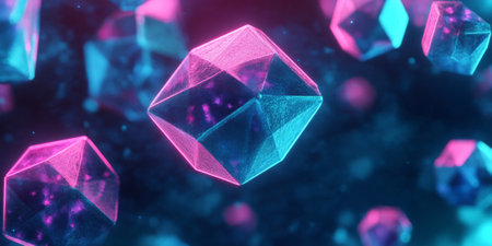 A surreal abstract background featuring floating 3D geometric polyhedrons, softly illuminated with glowing neon edges. The intricate cyber-inspired composition blends science-fiction aesthetics with futuristic digital elegance.の素材
