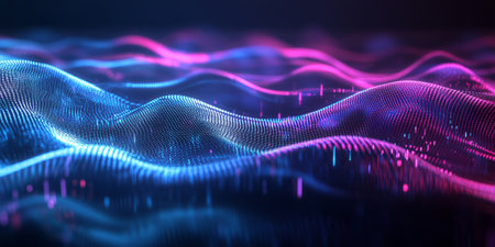 A high-tech abstract background featuring dynamic waves of pulsating neon frequencies, resembling digital audio patterns. The fluid, glowing waveform design evokes a futuristic and cyber-inspired atmosphere of technological harmony.の素材