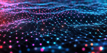 A mesmerizing abstract background featuring a dynamic cybernetic honeycomb pattern, softly glowing with iridescent neon reflections. The futuristic digital design blends symmetry, motion, and high-tech aesthetics into a seamless abstract composition.の素材