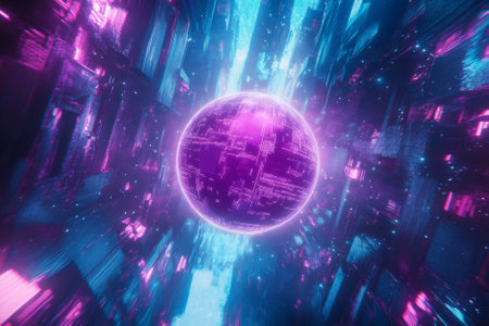 A high-tech data sphere floating in cyberspace, surrounded by glowing neon pathways, holographic projections, and interconnected digital nodes. The futuristic abstract background represents AI-driven intelligence, blockchain networks, and cybernetic evolution, enhanced with deep blue, magenta, and cyan lighting. Ultra-HD, sci-fi detailed.の素材