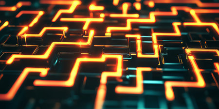 A futuristic abstract background with interconnected glowing circuits forming a mesmerizing digital maze. The high-tech cyber pattern seamlessly integrates luminous symmetry and sleek neon hues, creating an immersive digital aesthetic.の素材