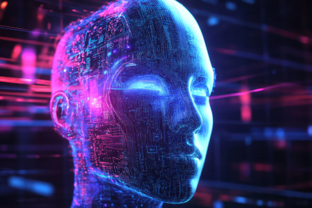 Abstract visualization of artificial intelligence, depicting a glowing humanoid face composed of intricate digital circuits and flowing data streams. The futuristic cyberpunk aesthetic features electric blue and magenta lighting, holographic effects, and a high-tech digital matrix in the background. Ultra-detailed, sci-fi theme.の素材