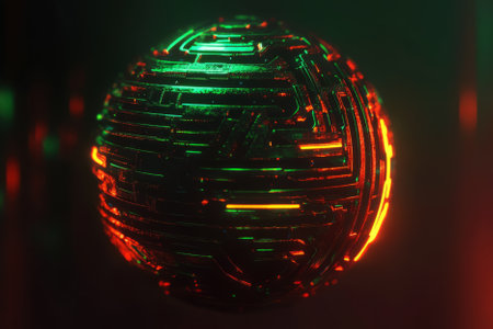 Abstract digital sphere emitting waves of technological energy, luminous cybernetic elements, neon color scheme, futuristic sci-fi atmosphere, ultra-HD, photorealistic.の素材
