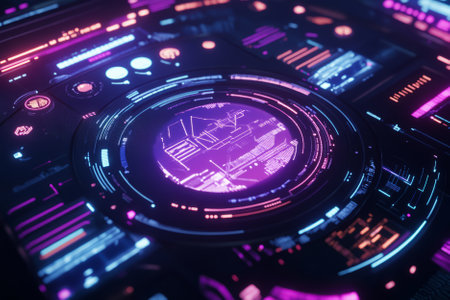 A futuristic data visualization, displaying glowing AI-driven digital charts, pulsating cybernetic analytics graphs, and swirling holographic energy waves. The high-tech abstract background represents artificial intelligence, blockchain technology, and quantum computing, enhanced with ultra-HD sci-fi aesthetics and neon lighting.の素材