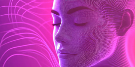 A glowing futuristic AI-driven biometric security system, featuring cybernetic facial recognition grids, pulsating holographic fingerprint scanning nodes, and swirling digital authentication pathways. The high-tech abstract background represents artificial intelligence, cyber defense, and identity protection, enhanced with ultra-HD sci-fi lighting.の素材