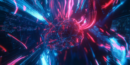 A glowing futuristic AI-driven neural interface, displaying pulsating cybernetic brainwave analysis grids, swirling holographic deep learning pathways, and intricate quantum-enhanced cognitive intelligence nodes. The high-tech abstract background represents artificial intelligence, neuroscience, and digital cognition, enhanced with ultra-HD sci-fi lighting.の素材