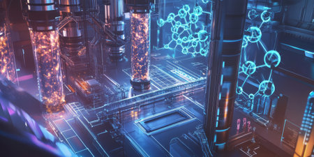 A mesmerizing futuristic AI-driven pharmaceutical development facility, displaying glowing cybernetic real-time drug discovery pathways, pulsating holographic molecular composition analysis grids, and swirling quantum-enhanced personalized medicine innovation nodes. The high-tech abstract background symbolizes artificial intelligence, biotechnology, and healthcare advancement, enhanced with ultra-HD sci-fi aesthetics.の素材