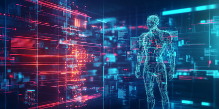 A futuristic AI-powered exoskeleton development lab, featuring glowing cybernetic mobility enhancement pathways, pulsating holographic muscle-actuated control grids, and swirling quantum-enhanced real-time biomechanical adaptation nodes. The high-tech abstract background represents artificial intelligence, robotics, and human augmentation, enhanced with neon reflections.の素材