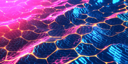 A hyper-realistic abstract background with a matrix of pulsating hexagonal tiles, dynamically shifting in a wave-like pattern. Each tile emits a soft glow, forming a fluid energy network with neon blue, electric pink, and golden hues, creating a mesmerizing cyber-futuristic aesthetic.の素材