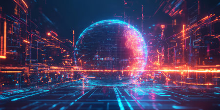 A futuristic AI-powered weather prediction system, featuring glowing cybernetic climate monitoring grids, pulsating holographic atmospheric analysis nodes, and swirling digital meteorological data pathways. The high-tech abstract background represents artificial intelligence, predictive analytics, and global forecasting, enhanced with neon reflections.の素材