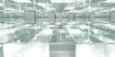 A futuristic abstract background featuring a floating matrix of transparent, glowing cubes arranged in a mesmerizing 3D grid. The seamless neon reflections and geometric precision create a stunning high-tech digital landscape.の素材