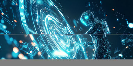 A mesmerizing futuristic AI-driven exosuit technology, displaying glowing cybernetic human performance enhancement pathways, pulsating holographic biomechanical synchronization grids, and swirling quantum-enhanced neural interface nodes. The high-tech abstract background symbolizes artificial intelligence, robotics, and human augmentation, enhanced with ultra-HD sci-fi aesthetics.の素材