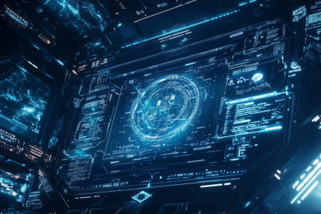 Holographic technology display floating in deep space, futuristic UI/UX interface with glowing data streams, cyberpunk-inspired neon reflections, ultra-detailed, high resolution.の素材