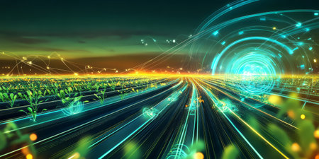 A mesmerizing futuristic AI-driven fully automated farming ecosystem, displaying glowing cybernetic precision agriculture pathways, pulsating holographic real-time crop health monitoring grids, and swirling quantum-enhanced climate-responsive growth optimization nodes. The high-tech abstract background symbolizes artificial intelligence, agritech, and sustainability, enhanced with ultra-HD sci-fi aesthetics.の素材