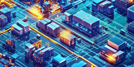 A mesmerizing futuristic AI-powered logistics hub, featuring glowing cybernetic supply chain pathways, pulsating holographic warehouse automation grids, and swirling quantum-enhanced delivery network nodes. The high-tech abstract background symbolizes artificial intelligence, smart transportation, and real-time analytics, enhanced with neon reflections.の素材