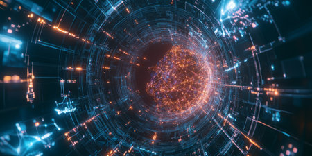 A mesmerizing futuristic AI-driven holographic digital artistâs studio, displaying glowing cybernetic real-time creative enhancement pathways, pulsating holographic generative design grids, and swirling quantum-enhanced AI-assisted artistic expression nodes. The high-tech abstract background symbolizes artificial intelligence, digital creativity, and future art, enhanced with ultra-HD sci-fi aesthetics.の素材