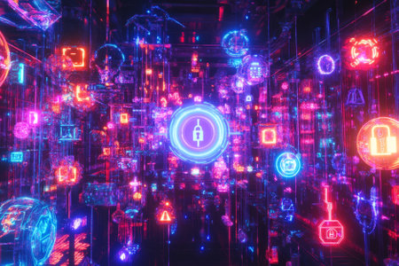 A mesmerizing visualization of futuristic data encryption, featuring glowing cybernetic lock symbols, holographic digital keys, and pulsating AI-driven neural pathways. The high-tech background represents blockchain security, advanced cryptography, and deep-space computing, enhanced with ultra-HD sci-fi lighting and neon aesthetics.の素材